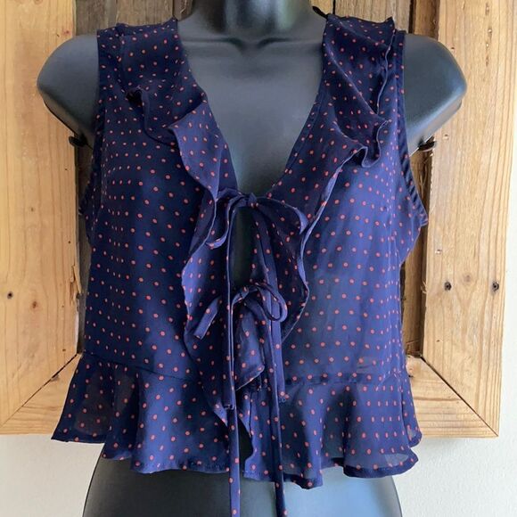 Forever 21 Sheer Peplum Navy and Orange Polkadot Crop Top Size Small - Picture 1 of 12